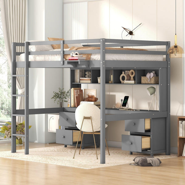 Full Size Loft Bed with Desk, Cabinets, Drawers and Bedside Tray, Charging Station, Gray image
