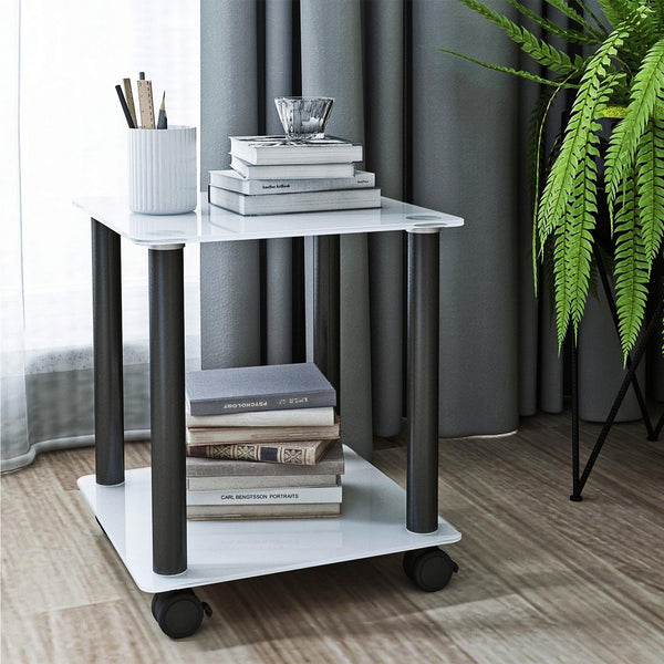 1-Piece White+Black Side Table , 2-Tier Space End Table ,Modern Night Stand, Sofa table, Side Table withStorage Shelve image