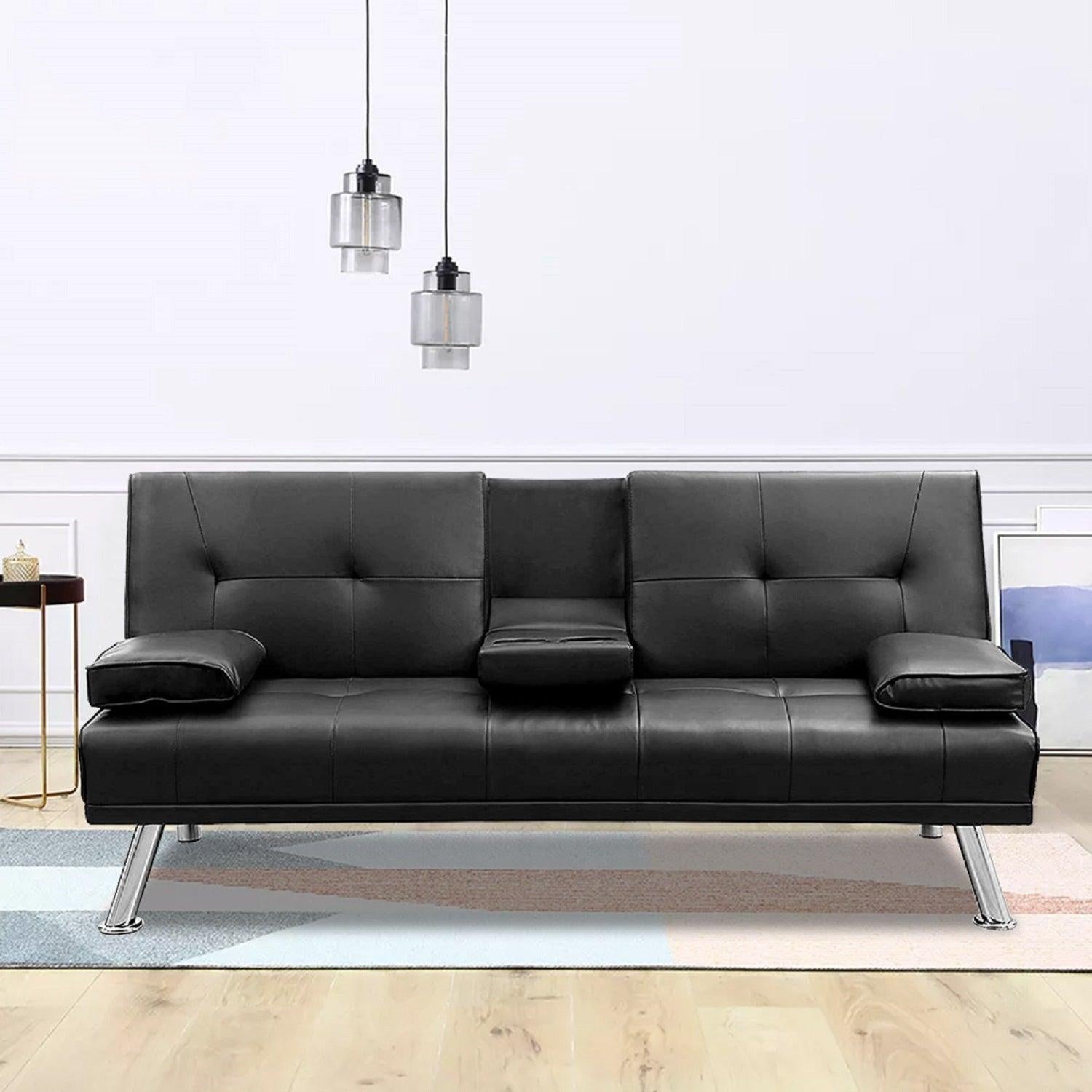 Futon Sofa Bed,Modern Faux Leather Convertible Folding Lounge Sofa for  Living Room with 2 Cup Holders Removable Soft Armrests and Sturdy Metal  Legs, Charming Black. | Urban Living Furniture (Los Angeles, CA)