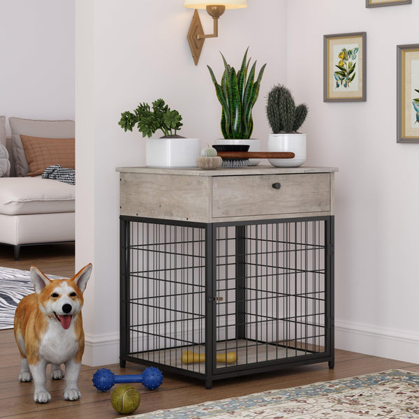 Furniture Style Wood Dog Crate End Table withStorage Console（Grey,19.69''w x 22.83''d x 26.97''h） image