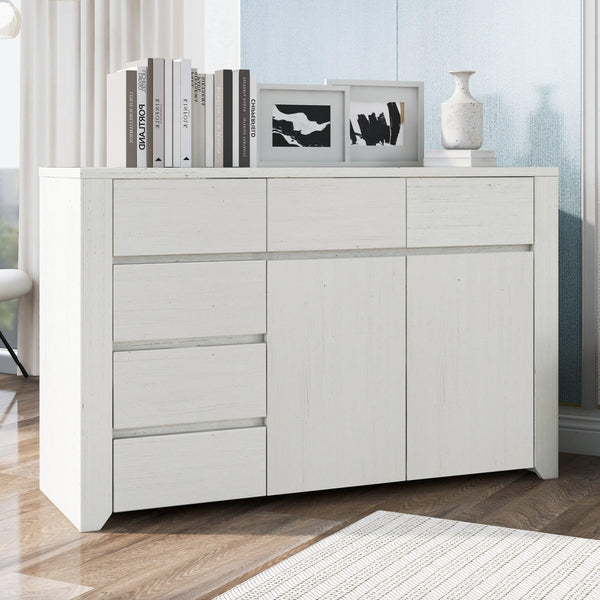 Simple Style Manufacture Wood Dresser with Wood Grain Sticker Surfaces Six Drawers and Two Level Cabinet LargeStorage Space for Living Room Bedroom Guest Room Children’s Room, Stone Gray image