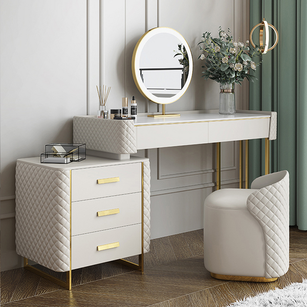 Makeup Vanity Set with LED Lighted Mirror, 5 Drawers,Modern Dressing Table Sintered Stone, Stool, For Bedroom, 47.24'', White image