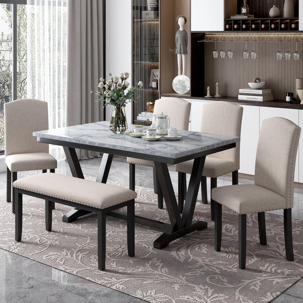 Modern Style 6-piece Dining Table with 4 Chairs & 1 Bench, Table with Marbled Veneers Tabletop and V-shaped Table Legs (White) image