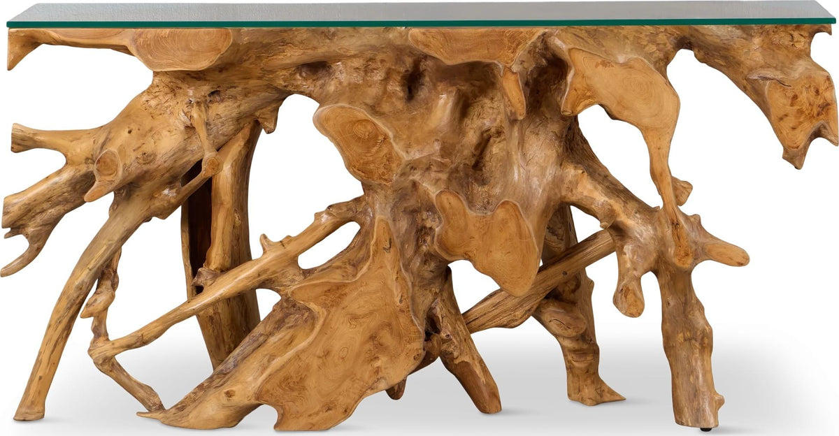 One - Solid Teak Root Glass Top Table