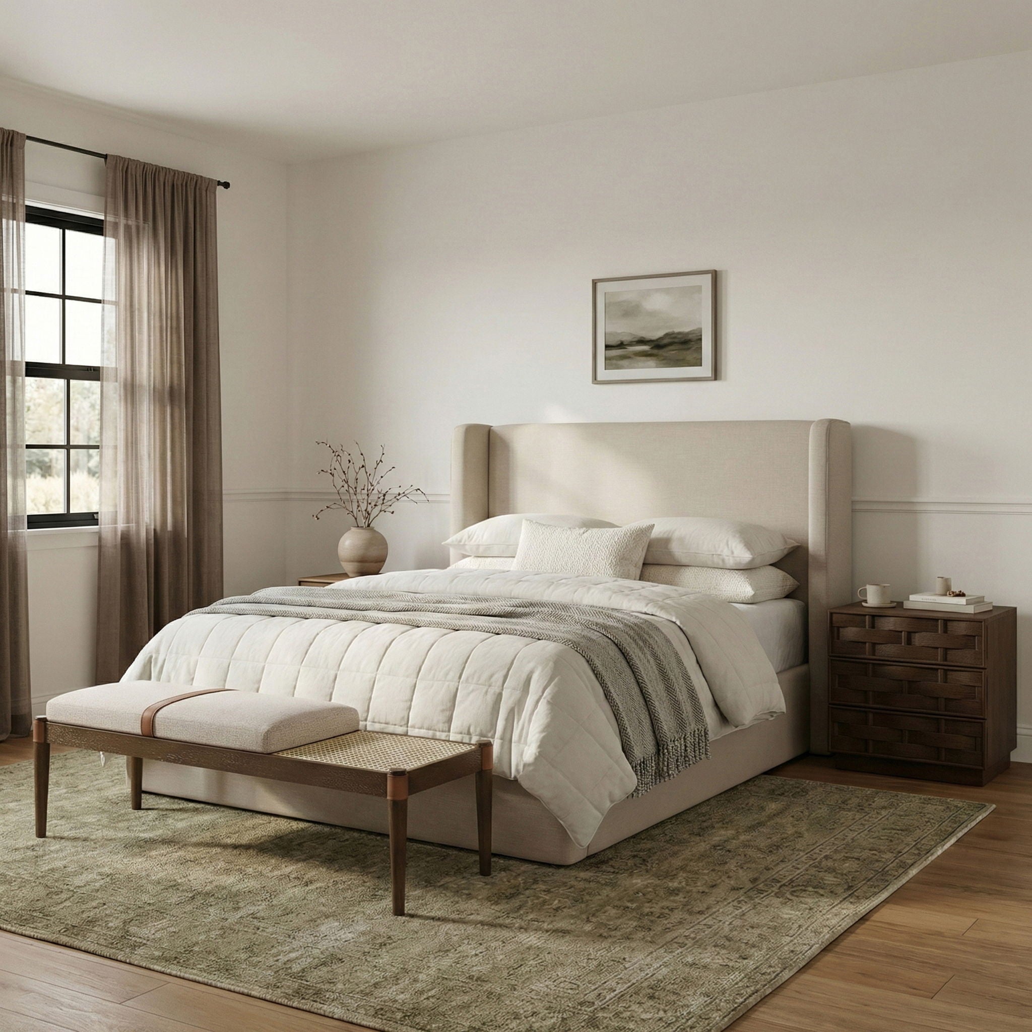 Nara - Linen Textured Fabric Upholstered Bench - Painted Brown Walnut - Urban Living Furniture (Los Angeles, CA)