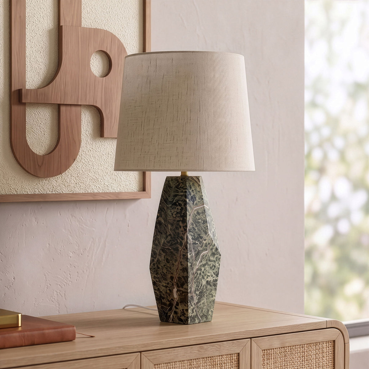 Seraphine - Genuine Marble And Linen Textured Fabric Table Lamp