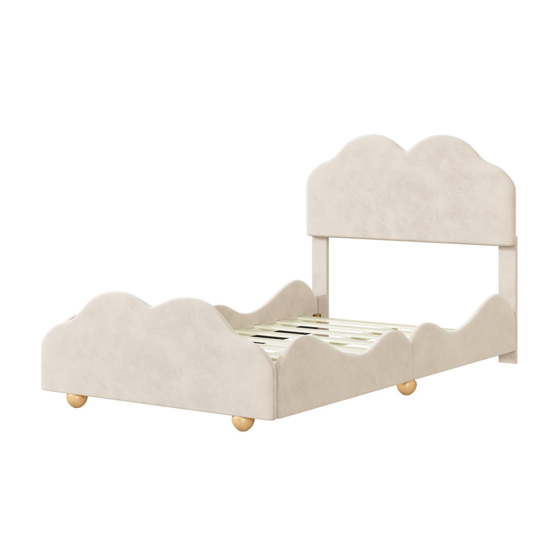 Twin Size Upholstered Platform Bed With Cloud Shaped Board - Beige