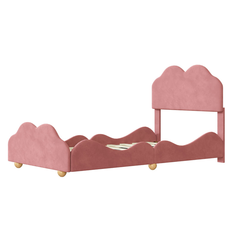 Twin Size Upholstered Platform Bed With Cloud Shaped Board - Dark Pink