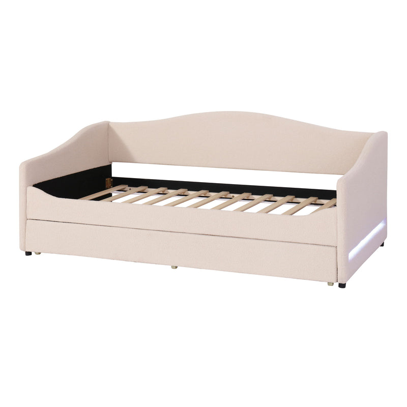 Twin Size Upholstered Daybed With Light And Trundle - Beige