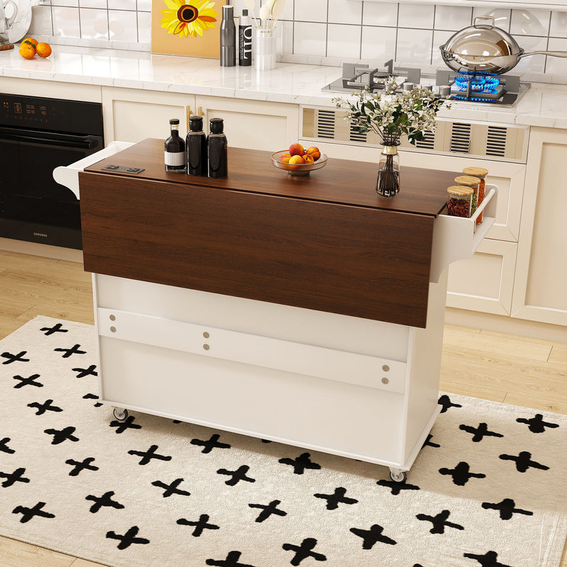 Kitchen Island Cart With Foldable Tabletop & Drop Leaf Mobile Breakfast Bar With Wood Top And Storage - White / Walnut