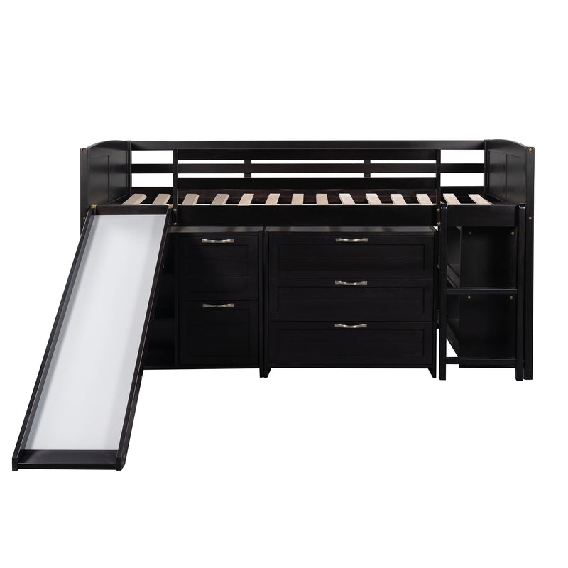 Loft Low Bed With Cabinets, Shelves And Slide