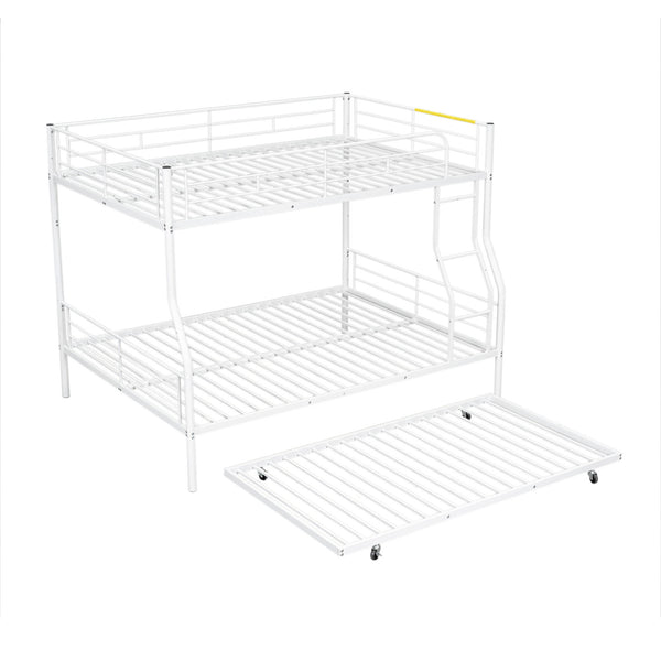 Full Long Over Queen Metal Bunk Bed With Trundle - White