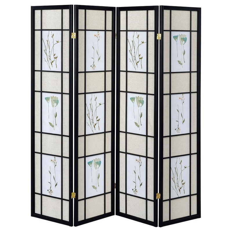 Catabella - 4 - Panel Room Divider Folding Shoji Screen Floral - Black