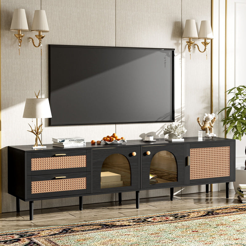 Rattan TV Stand With 3 Cabinets & 2 Drawers, Rattan-Inspired Media Console Table For Tvs Up To 80'', LED Light Entertainment Center, TV Cabinet For Living Room - Black
