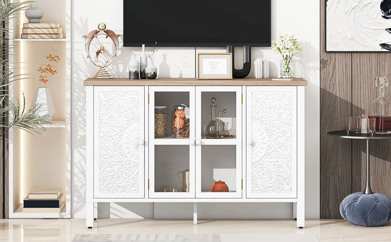 Retro TV Stand With 3 Spacious Cabinets, Glass Cabinet Doors And Anti-Tip Device