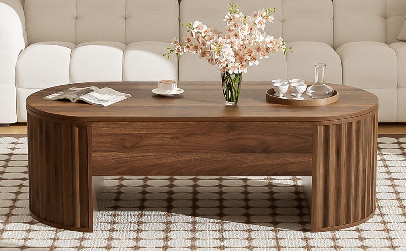 Lift Top Coffee Table With Hidden Compartment, Partially Assembled Wooden Center Table, Modern Oval Lift Tabletop For Home Living Room - Brown