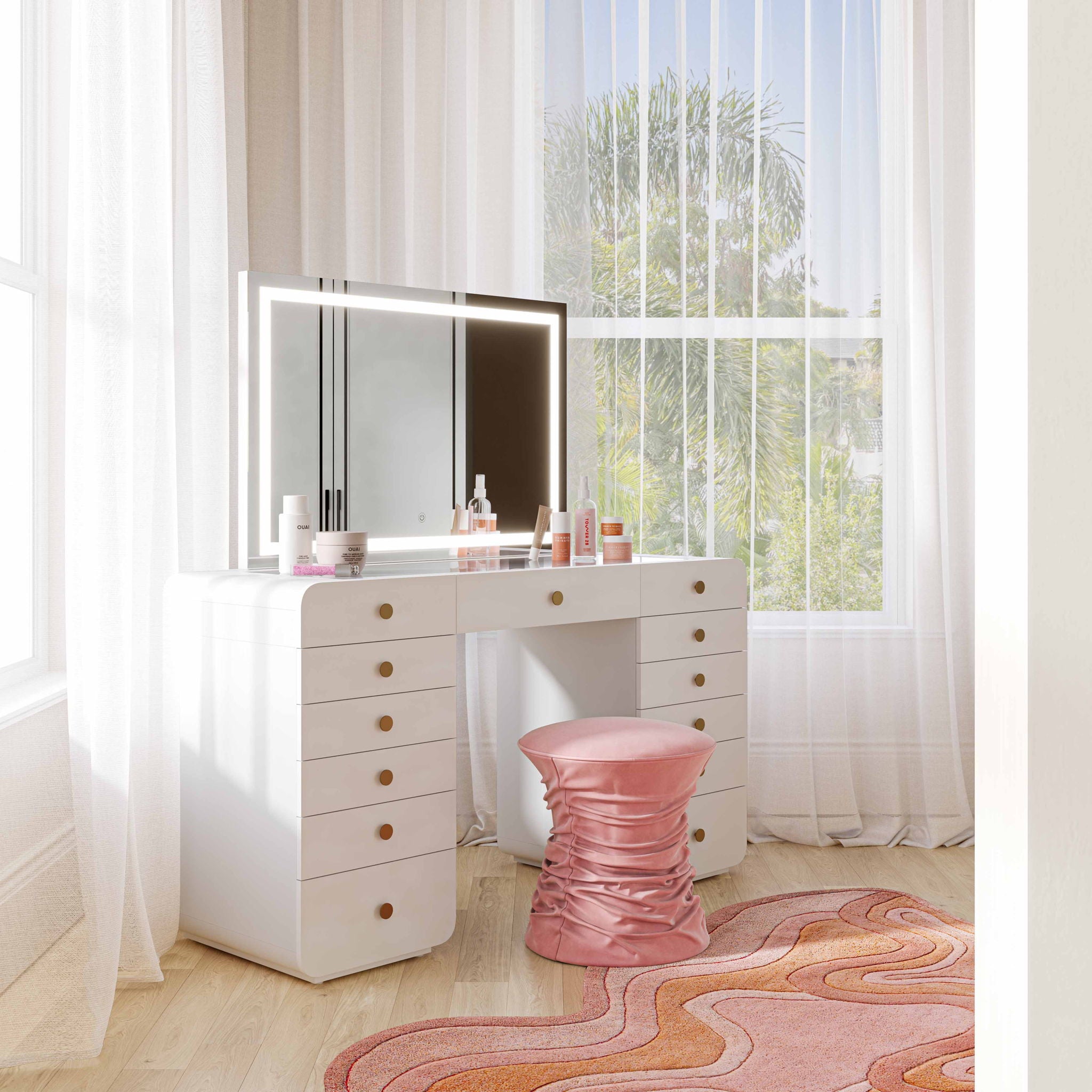 Hollywood - Desk with Jumbo LED Panel Vanity Mirror - White - Urban Living Furniture (Los Angeles, CA)