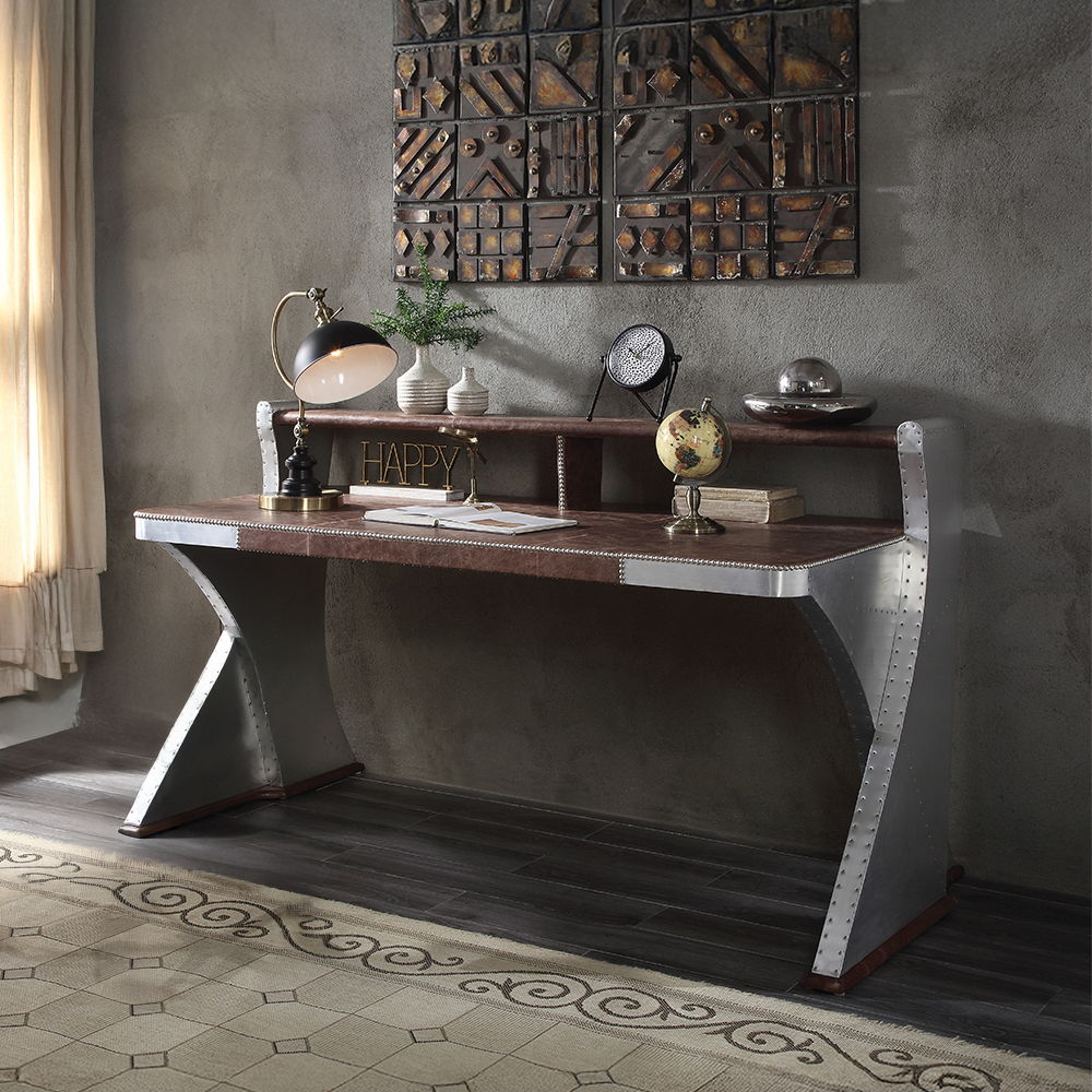 Brancaster - Executive Writing Desk - Retro Brown Top Grain Leather & Aluminum - Urban Living Furniture (Los Angeles, CA)