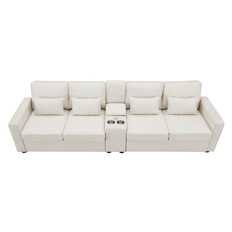 Upholstered Sofa With Console, 2 Cupholders And 2 USB Ports Wired Or Wirelessly Charged, Modern Linen Fabric Couches With 4 Pillows For Living Room, Apartment (4-Seat) - Urban Living Furniture (Los Angeles, CA)