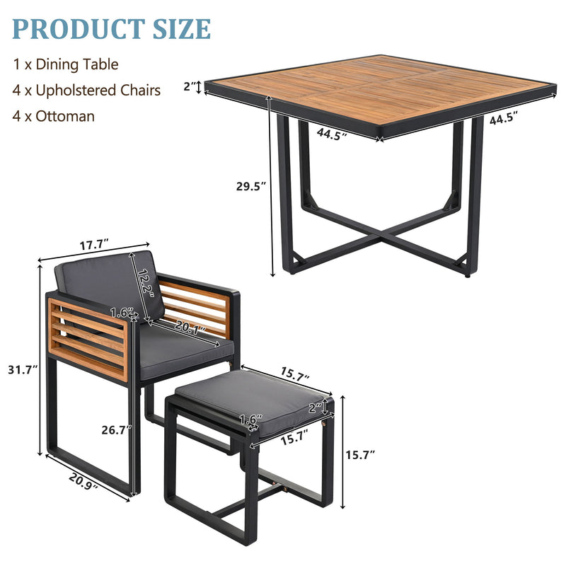 Acacia Wood Patio Dining Set, Cushioned Chairs & Ottomans Square Table