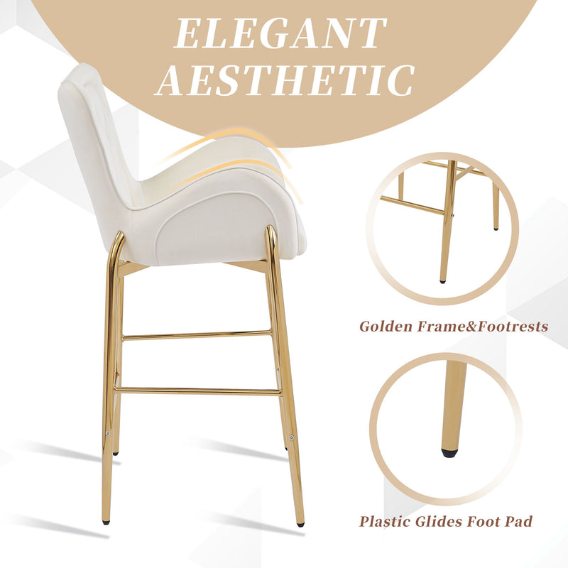 Velvet Counter Height Bar Stools (Set of 2) With Golden Legs And Footrests - White