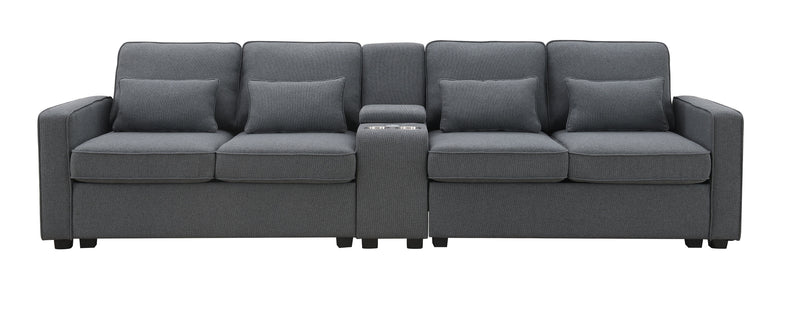 Upholstered Sofa With Console, 2 Cupholders And 2 USB Ports Wired Or Wirelessly Charged, Modern Linen Fabric Couches With 4 Pillows For Living Room, Apartment (4-Seat) - Urban Living Furniture (Los Angeles, CA)