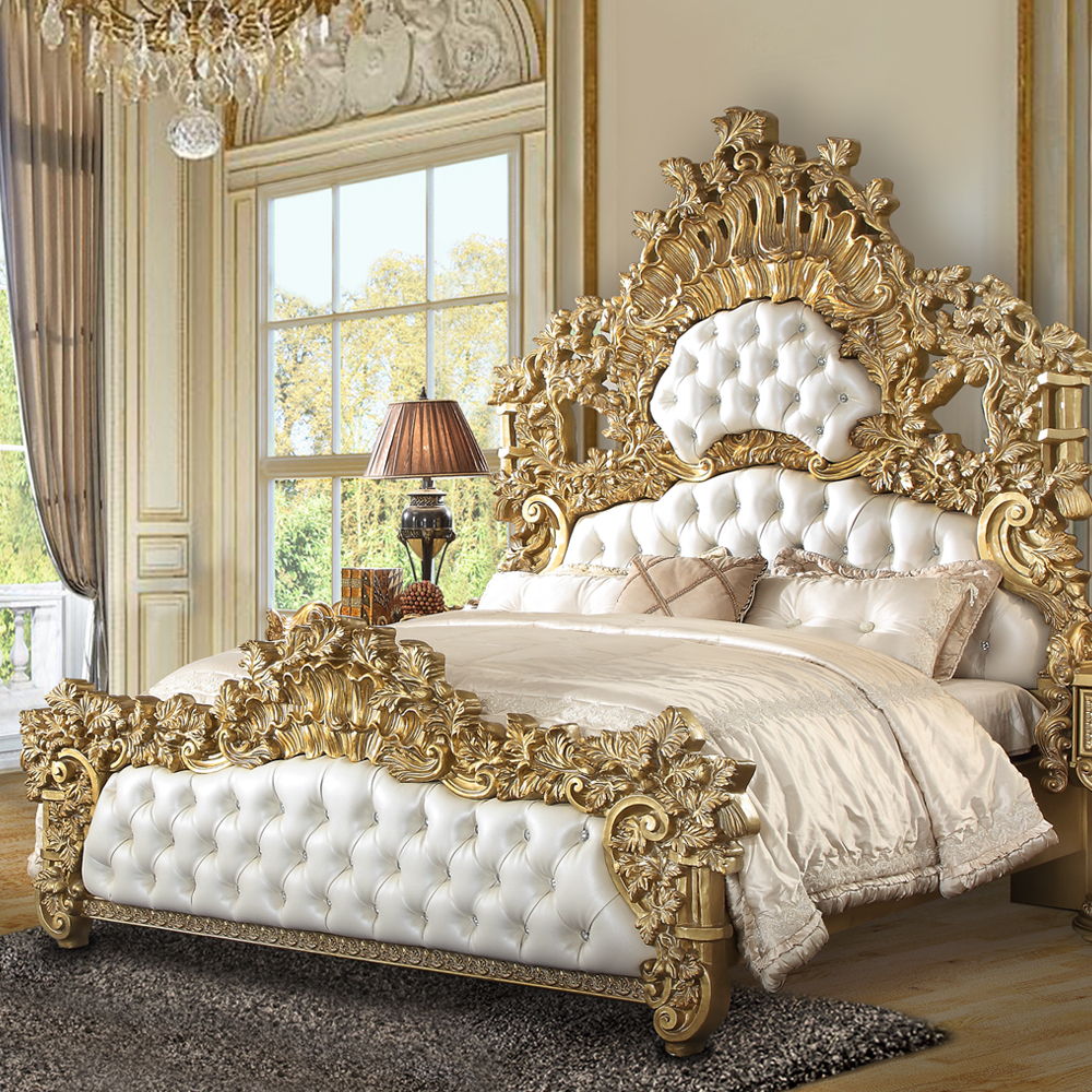 Bernadette - Eastern King Bed - White Synthetic Leather Fabric & Gold - Urban Living Furniture (Los Angeles, CA)