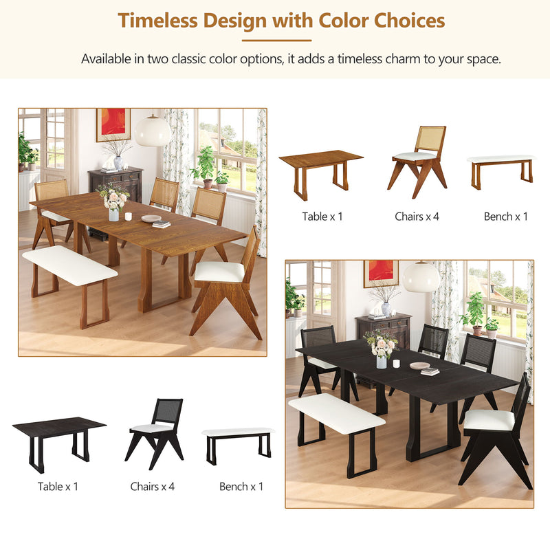 6 Piece Extendable Dining Table Set With 4 Wicker Back Upholstered Dining Chairs And Long Bench, 2 Removable Leaf