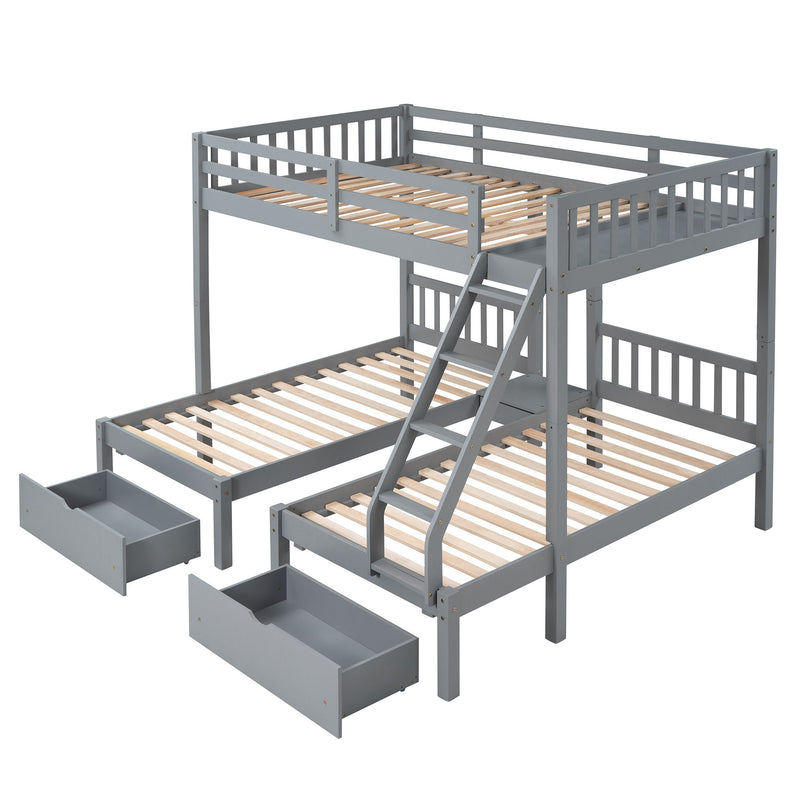 Triple Bunk Bed With Drawers And Guardrails