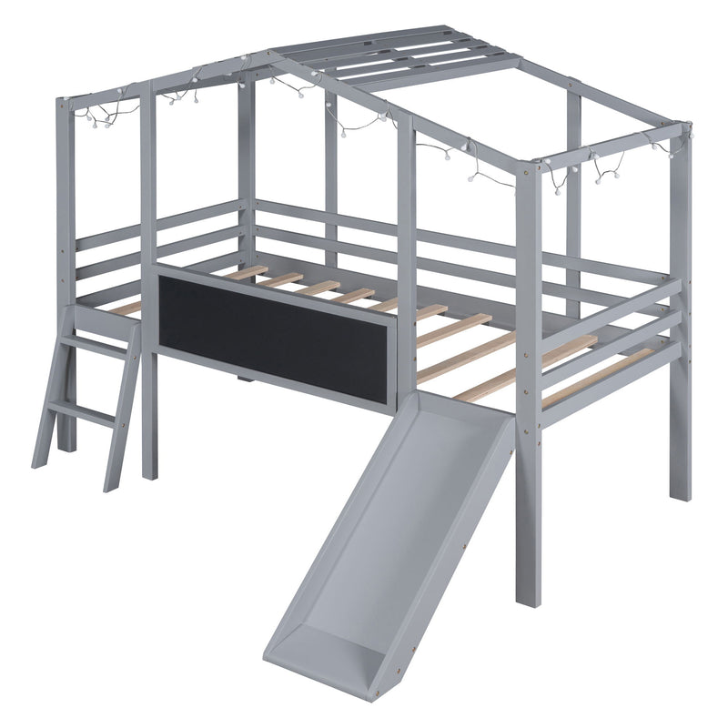 Loft House Bed With Ladder And Slide, With Blackboard And Light Strip On The Roof
