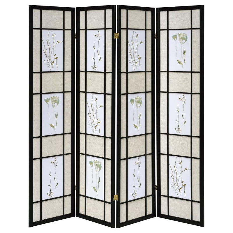 Catabella - 4 - Panel Room Divider Folding Shoji Screen Floral - Black
