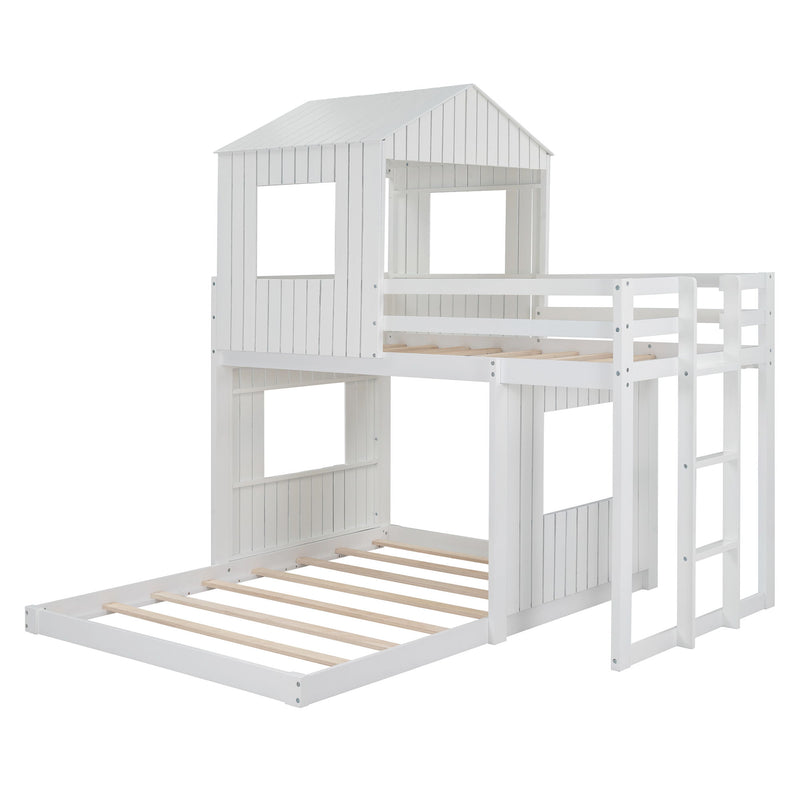 Twin Over Full Bunk Bed, With Playhouse, Farmhouse, Ladder And Guardrails - White