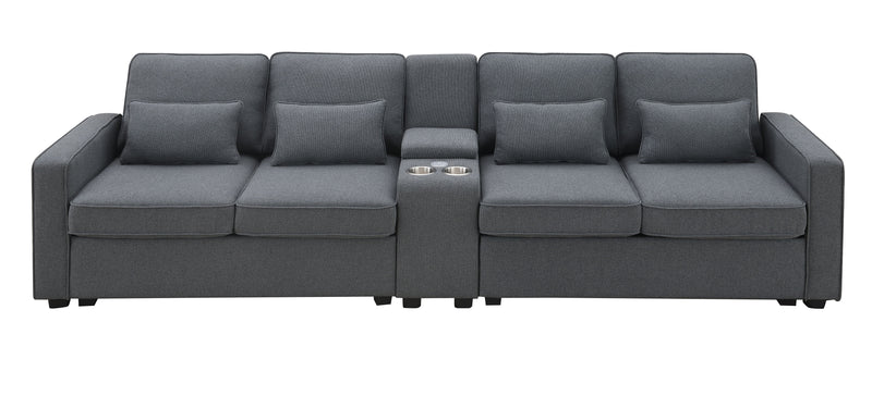 Upholstered Sofa With Console, 2 Cupholders And 2 USB Ports Wired Or Wirelessly Charged, Modern Linen Fabric Couches With 4 Pillows For Living Room, Apartment (4-Seat) - Urban Living Furniture (Los Angeles, CA)