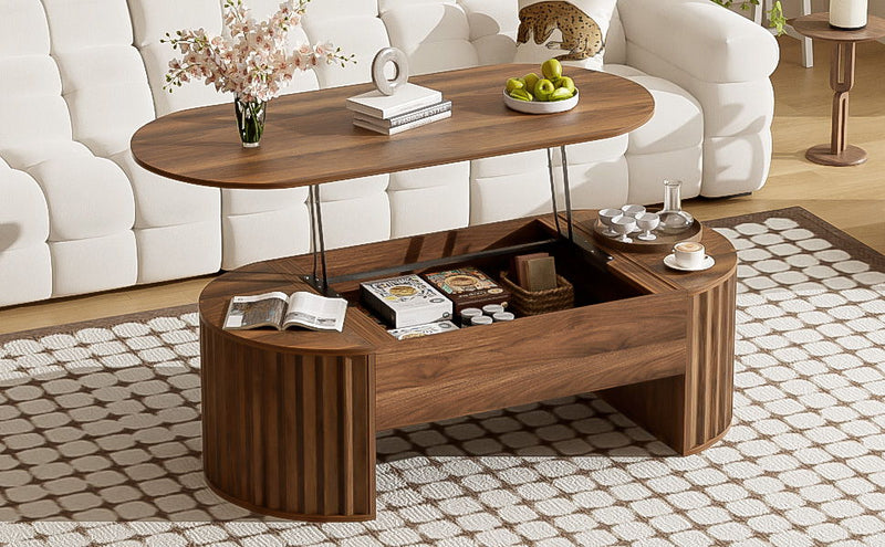 Lift Top Coffee Table With Hidden Compartment, Partially Assembled Wooden Center Table, Modern Oval Lift Tabletop For Home Living Room - Brown