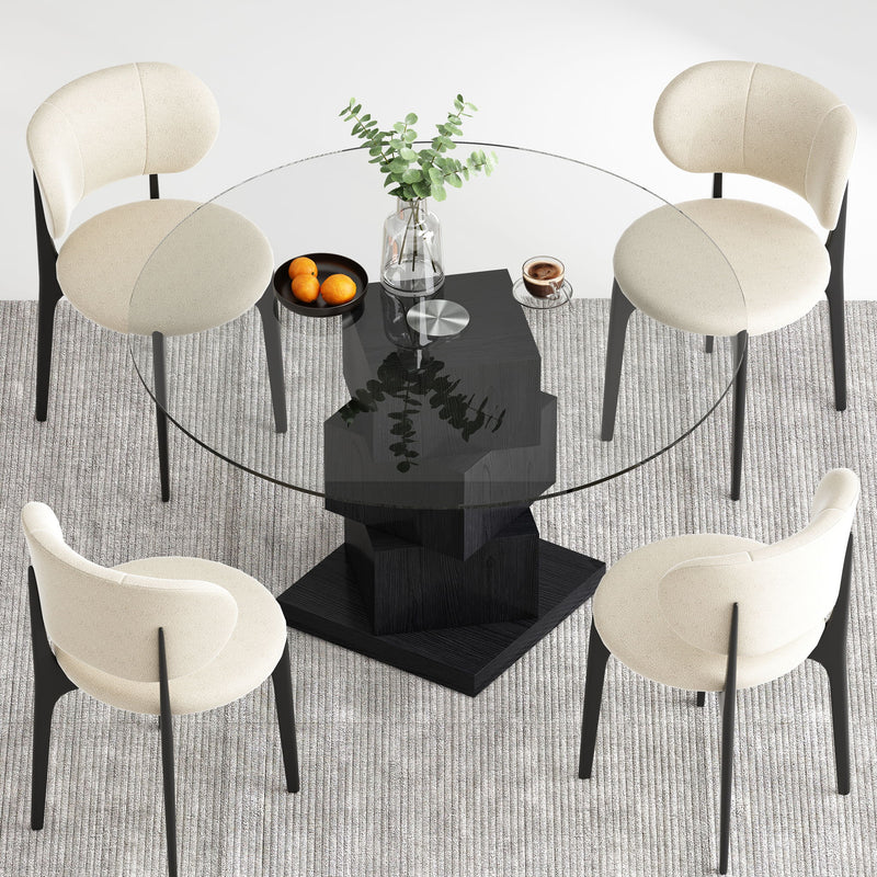 Wood Pedestal Round Dining Table Tempered Glass Top - Black