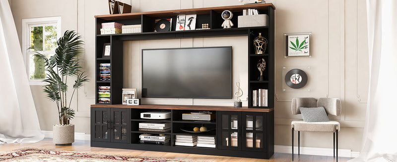 Wall Unit Entertainment Center With Bookshelves For TVs Up To 80", Tempered Glass Doors And Adjustable Shelves