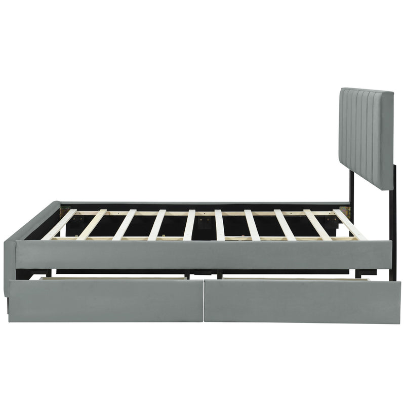 Upholstered Platform Bed With 2 Drawers And 1 Trundle, Classic Strip Headboard Design