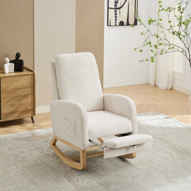 Rocking High Back Glider Chair With Retractable Footrest, Side Pocket