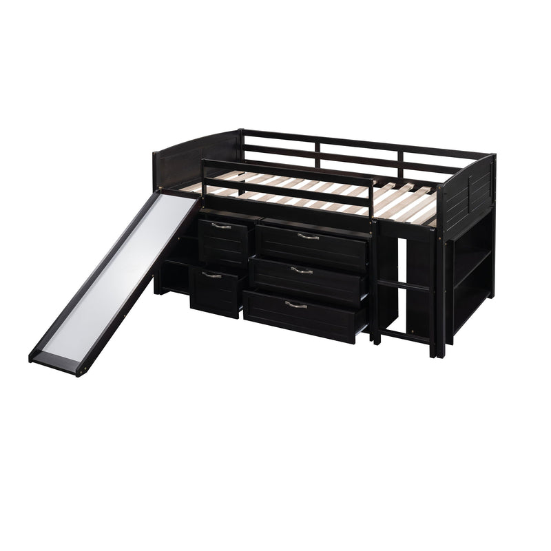 Loft Low Bed With Cabinets, Shelves And Slide