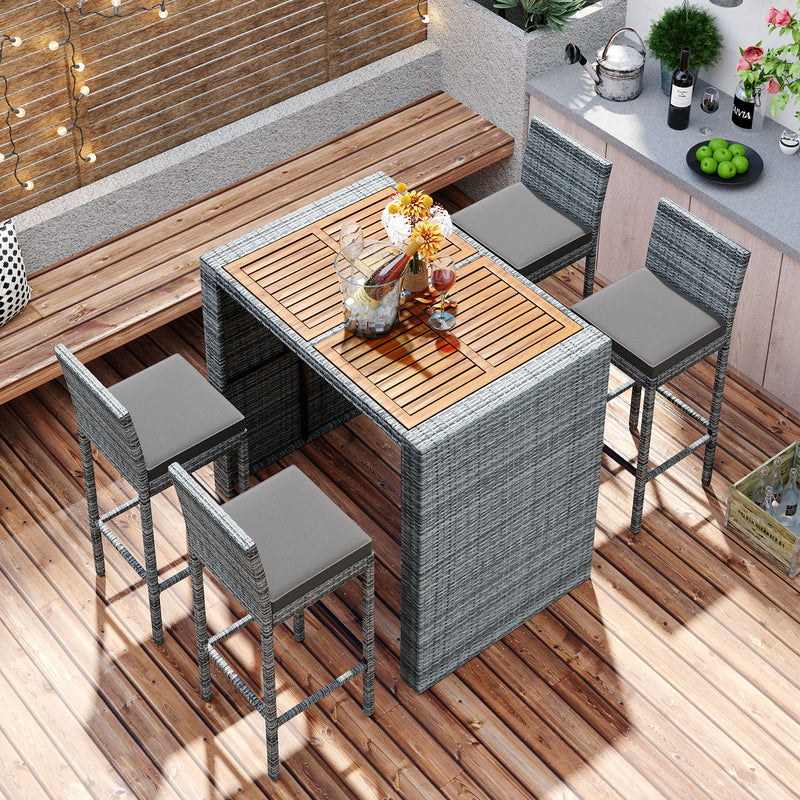 5 Pieces Outdoor Patio Wicker Bar Set, Bar Height Chairs With Non-Slip Feet And Fixed Rope, Removable Cushion, Acacia Wood Table Top - Brown / Gray
