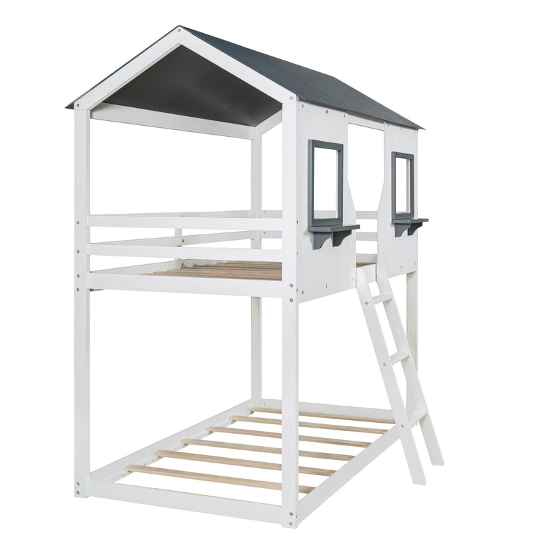Twin Over Twin Bunk Bed Bed With Roof, Window, Guardrail, Ladder - White