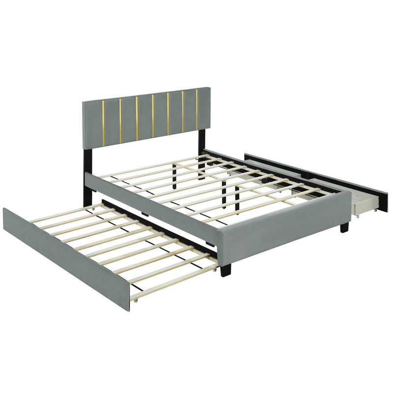 Upholstered Platform Bed With 2 Drawers And 1 Trundle, Classic Strip Headboard Design