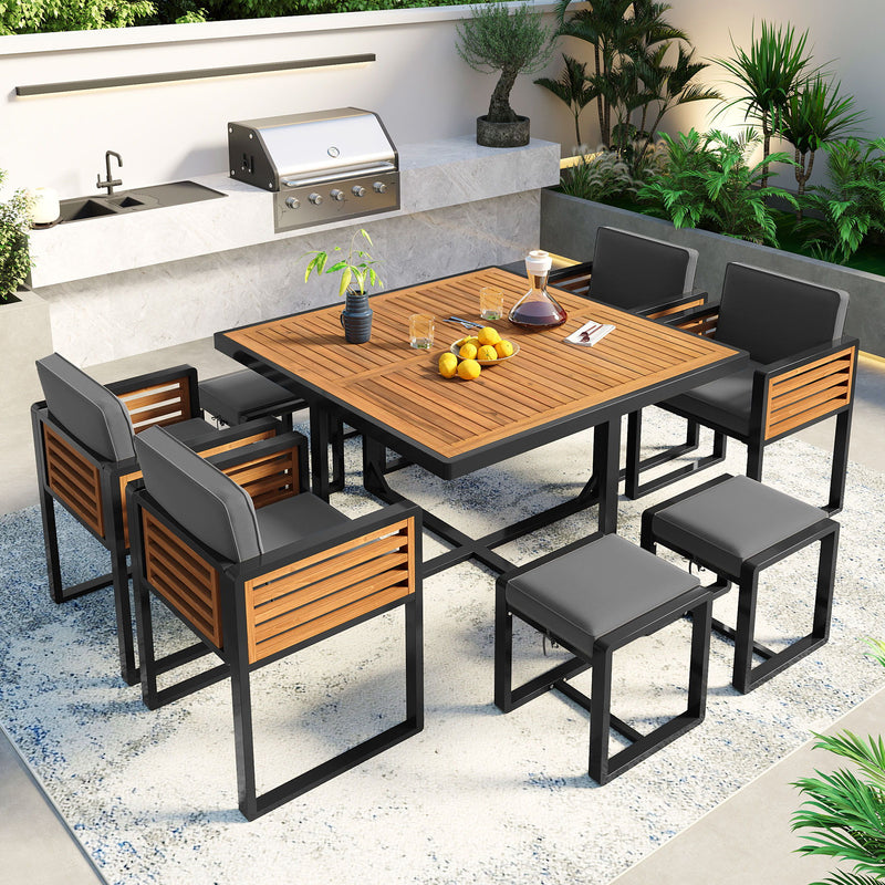Acacia Wood Patio Dining Set, Cushioned Chairs & Ottomans Square Table