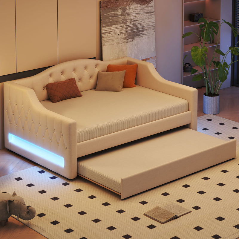 Full Long Size Daybed With LED Belt And Trundle - Beige