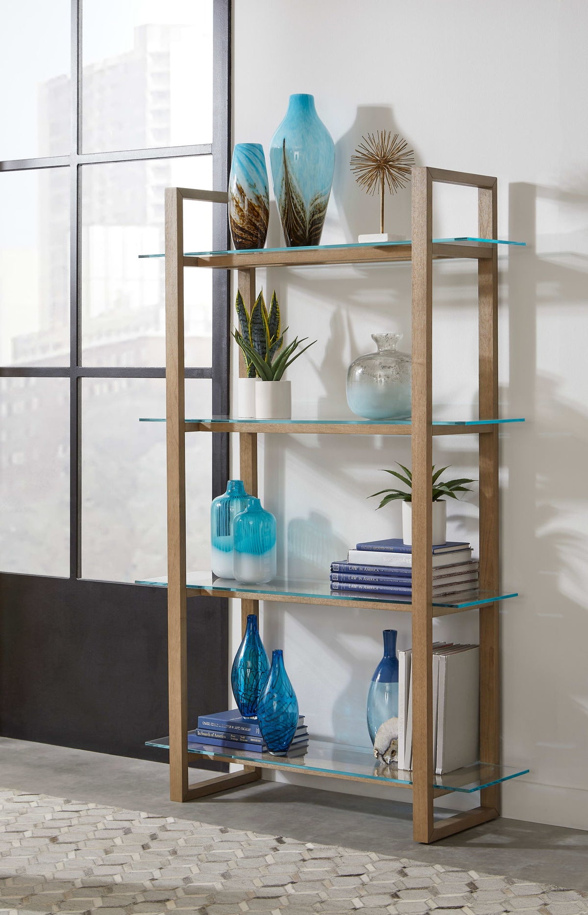 One - Modern Coastal Glass Solid Wood Shelf Bookcase - Bisque