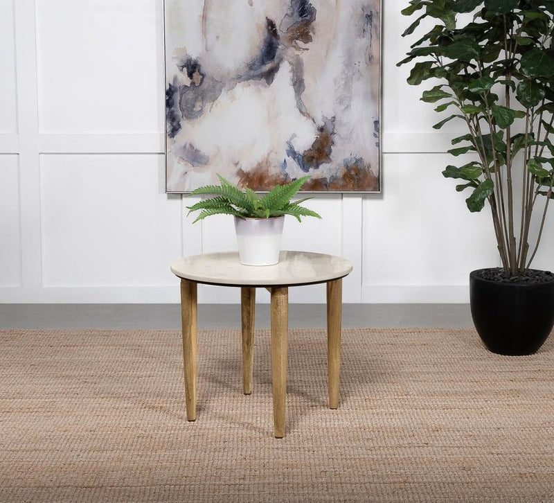 Aldis - Round Marble Top Side End Table - White And Natural