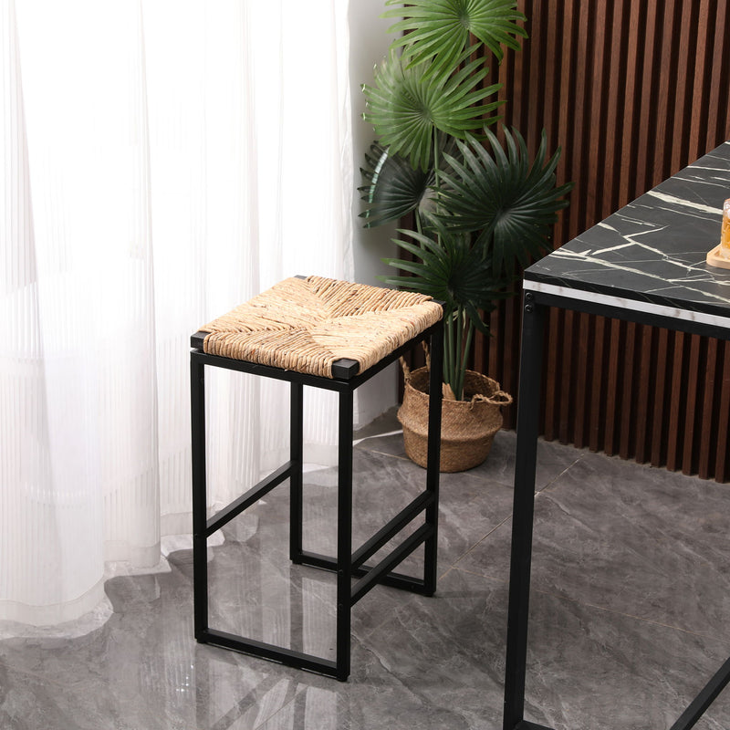 (Set of 2) Backless Water Hyacinth Woven Bar Stools With Footrest, Natural Finish, Metal Frame, 25 Inch Height
