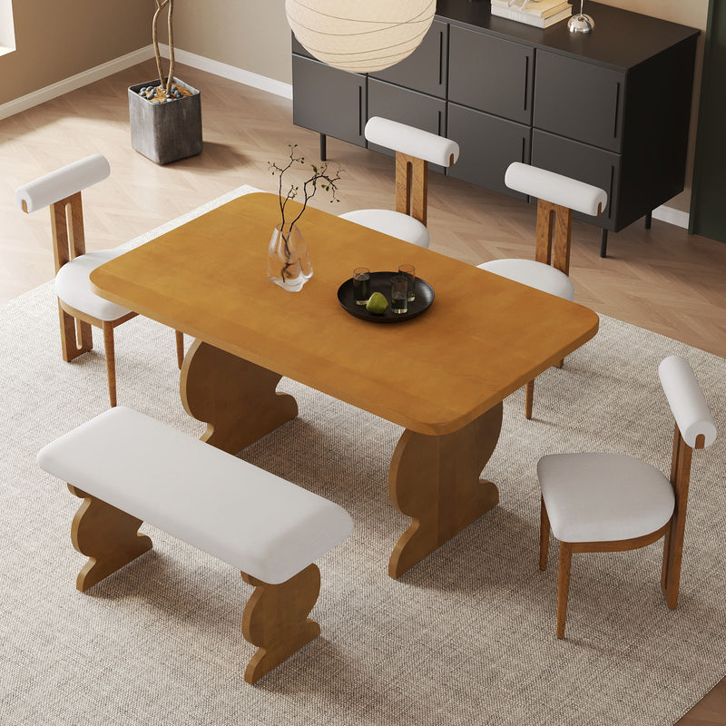 Mid-Century Modern Table Set For 6 Persons With 4 Chairs And Bench, Padded Seats And Backrest