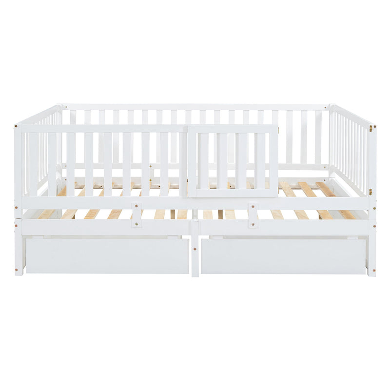 Daybed With Fence Guardrails And 2 Drawers, Split Into Independent Floor Bed & Daybed