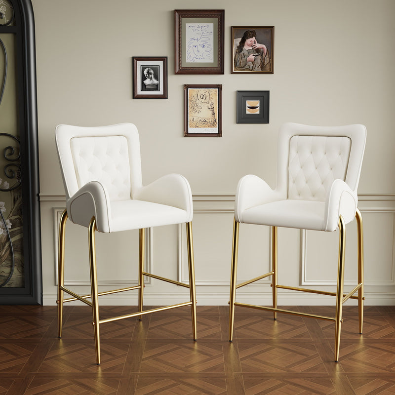 Velvet Counter Height Bar Stools (Set of 2) With Golden Legs And Footrests - White